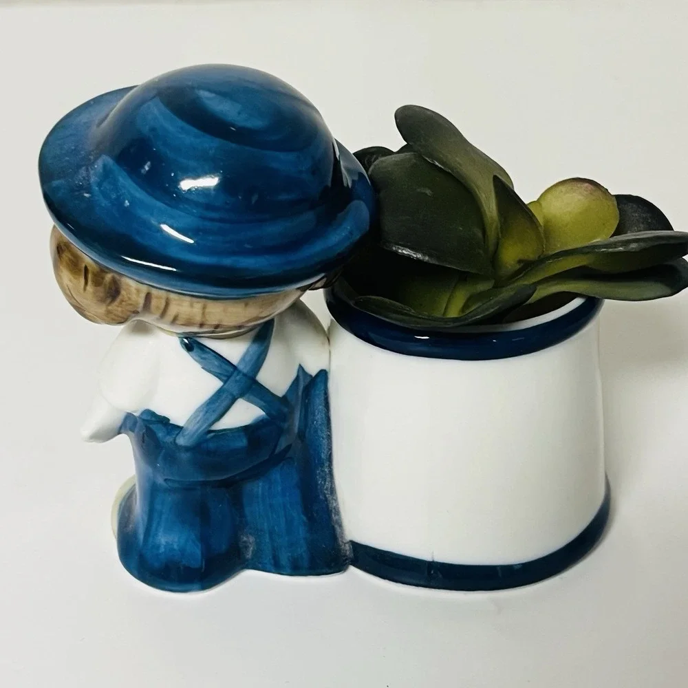 Vintage Boy In Blue Hat & Suspenders w/ Watering Can Miniature Planter Vase
